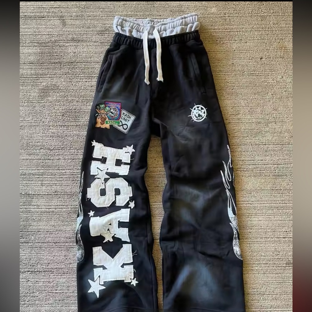 Black And White Embroidered Joggers Double Waist